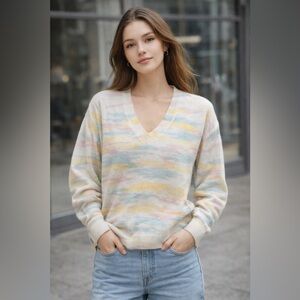 27 Miles Cashmere Sweater Womens Medium Multicolor Camo V Neck Knit Pullover